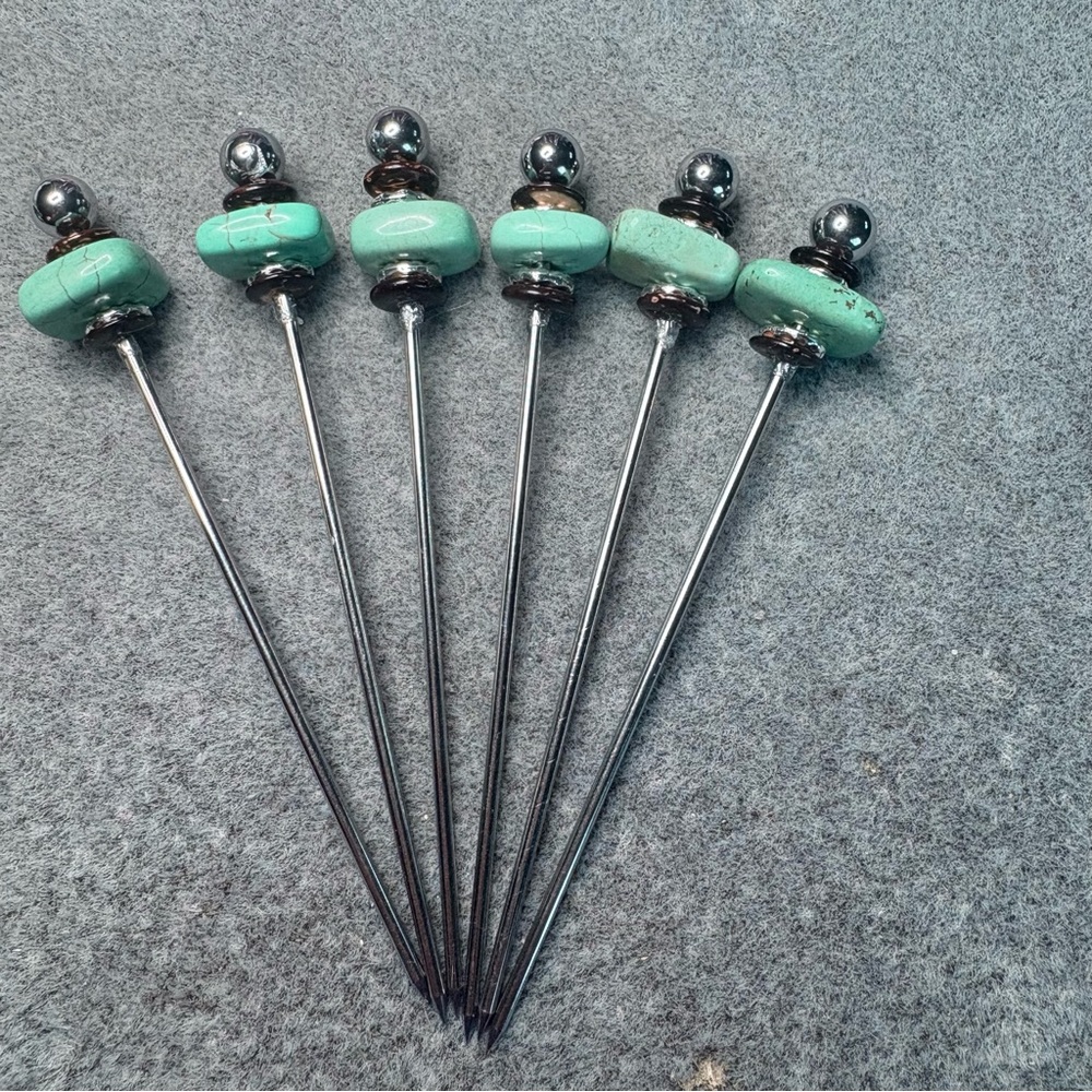 180 Stone Artisan Cocktail/Appetizer Picks; turquoise, brown, silver; Set of 6